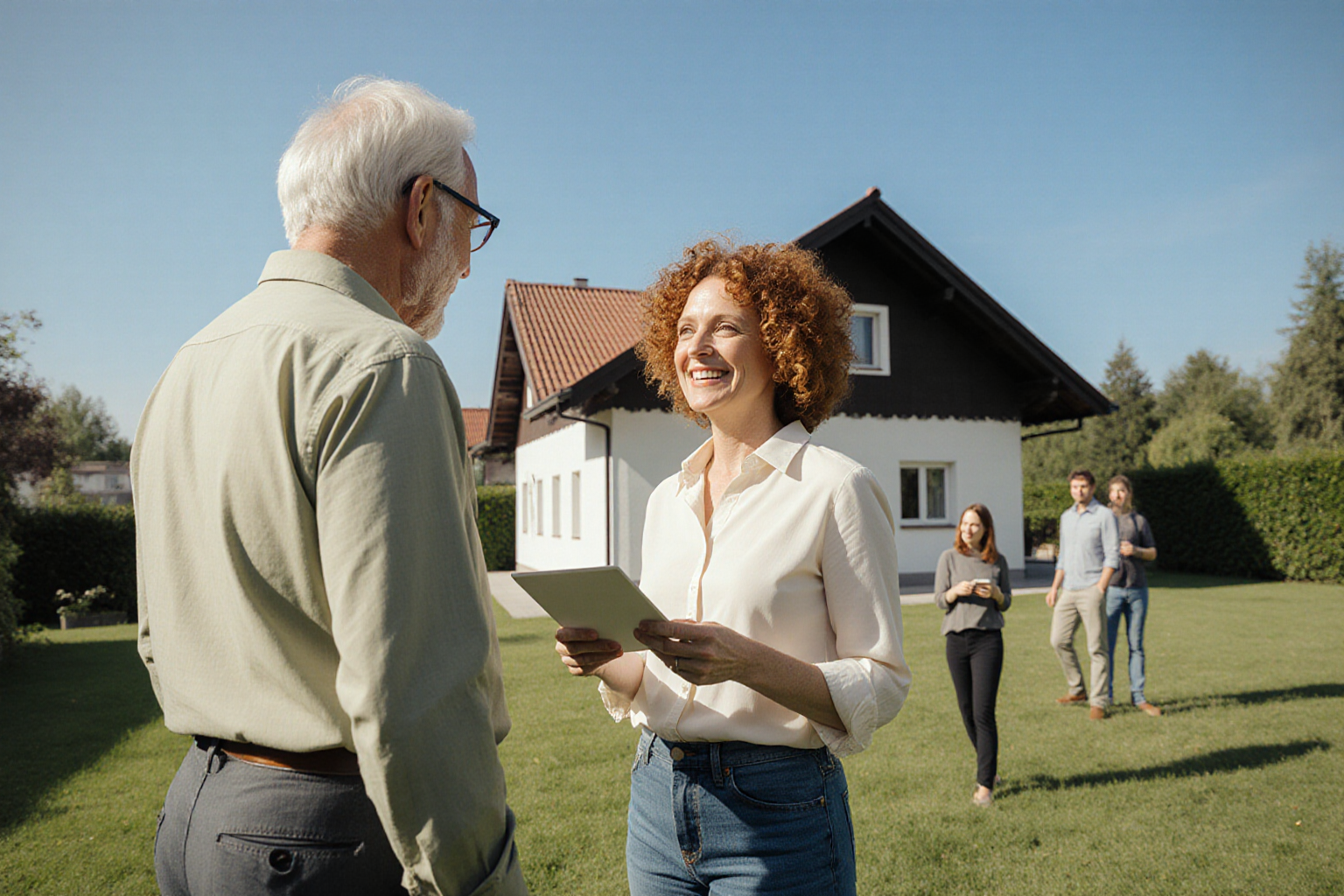 freundliches natürliches Gespräch im Hausgarten mit sichtbarer normaler Immobilie, ganze Köpfe und plausible sichtbare Hände